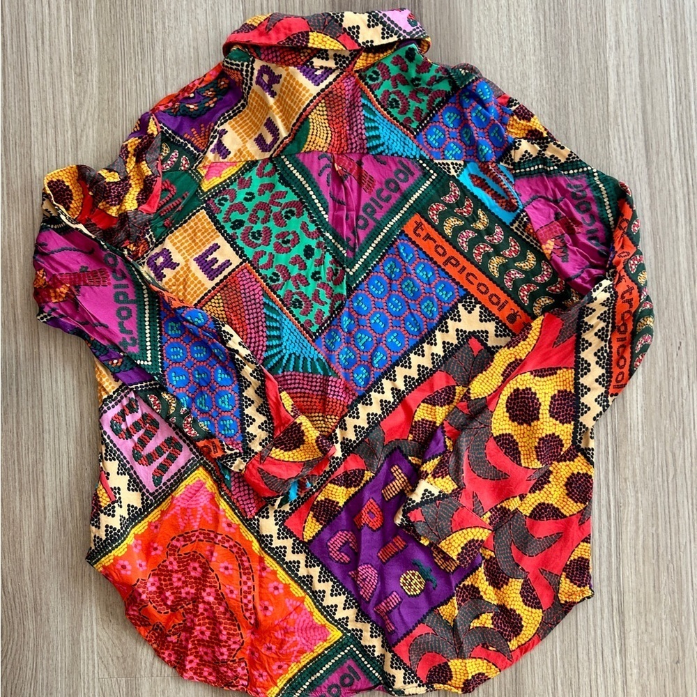 Farm Rio Dotted Patch Scarf Shirt Multicolor Tropical Button Down Blouse Size M - Picture 9 of 13
